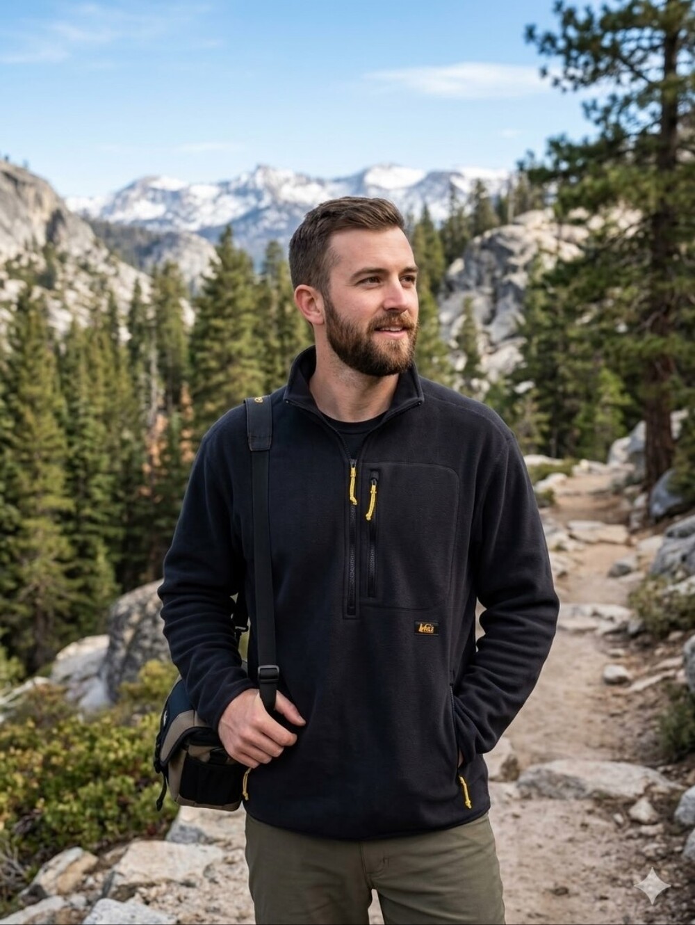 REI Black Fleece Top with Yellow Logo and Red Trim